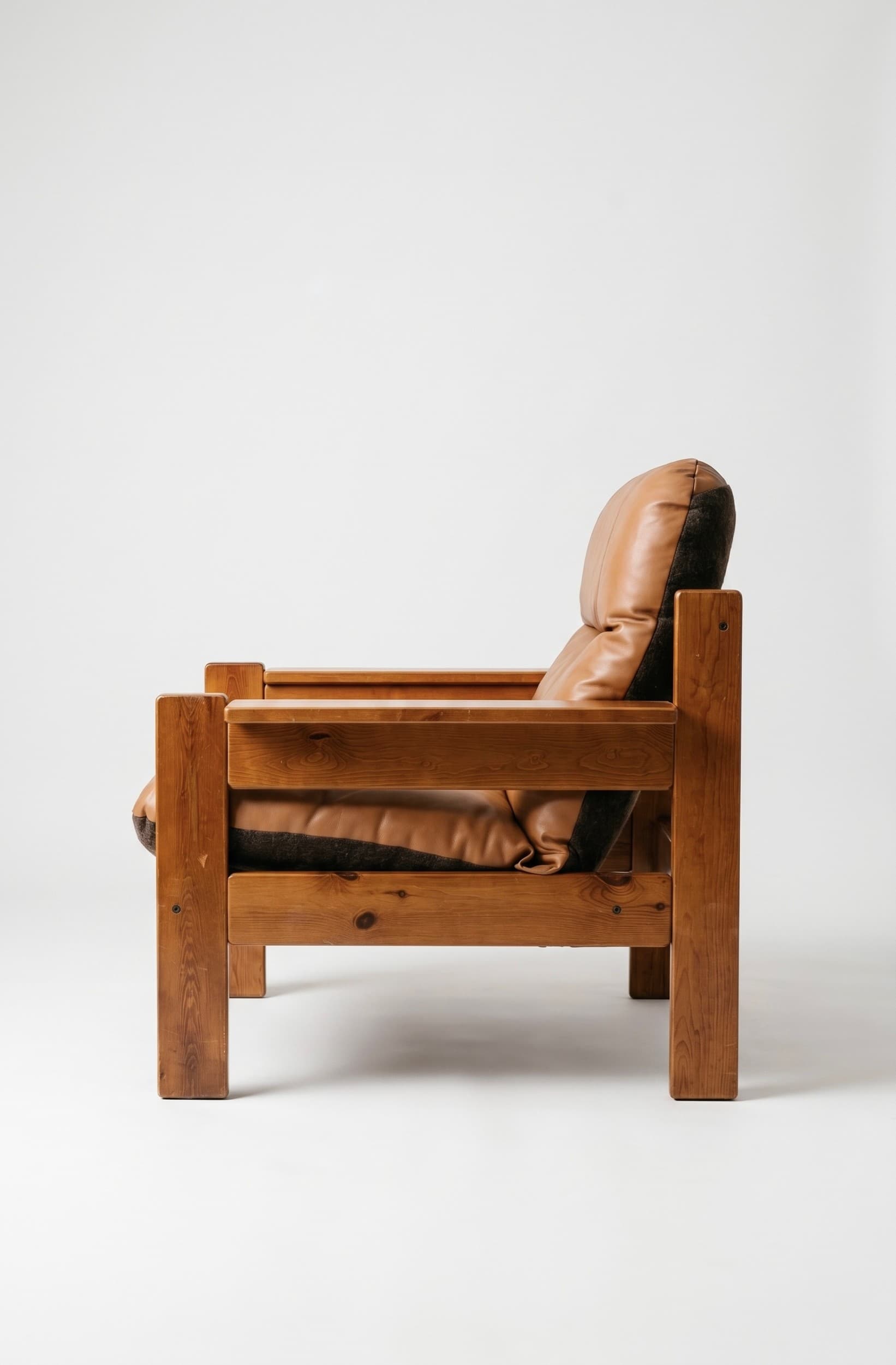 Canapé et fauteuil brutaliste en cuir cognac - 1960 - Miniature 2